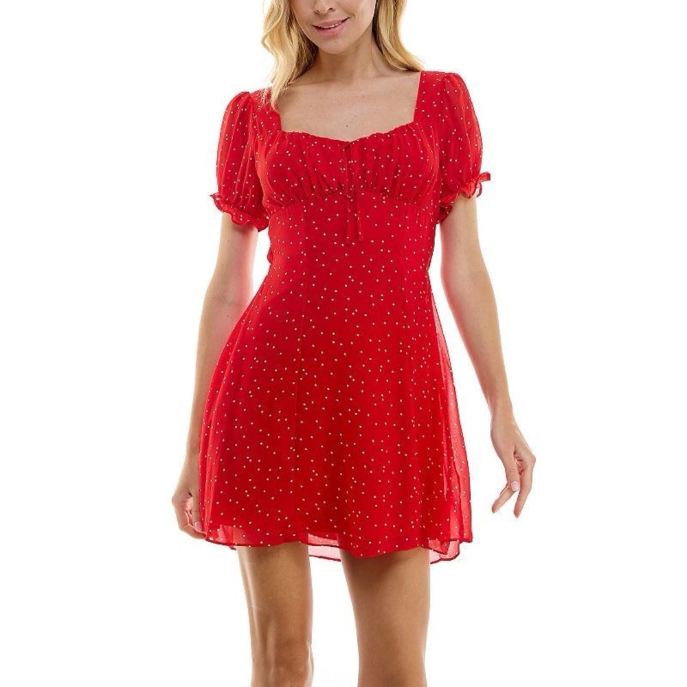 B-Smart Red Puff-Sleeve Ruffle Mini Dress